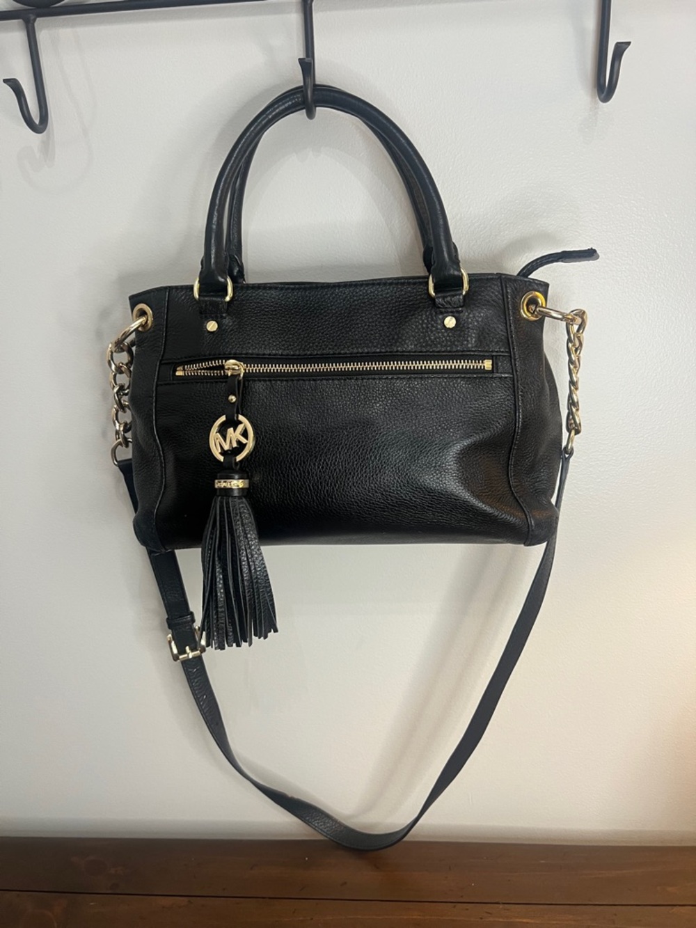 Michael Kors Black Leather Crossbody Satchel with Tassel Charm